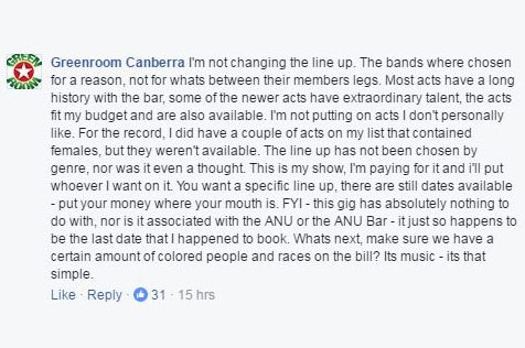 Greenroom's second Facebook post defending the ANU Bar Finale line-up.