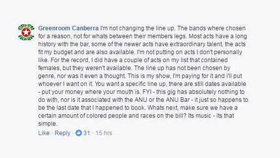Greenroom's second Facebook post defending the ANU Bar Finale line-up.