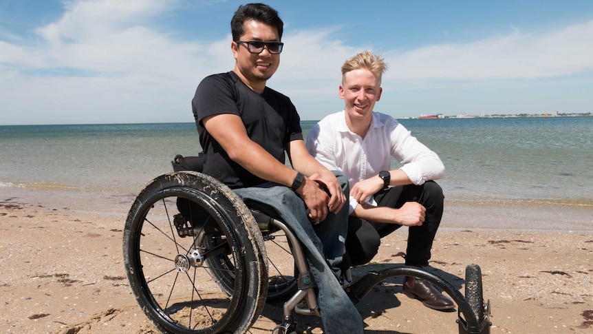 Huy Nguyen uses a wheelchair with Gecko Traxx attached.