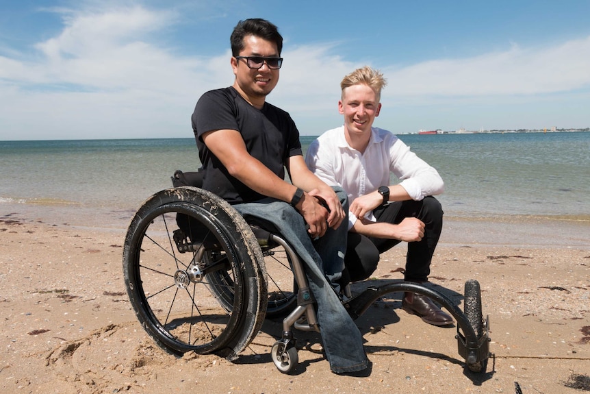 Huy Nguyen uses a wheelchair with Gecko Traxx attached.