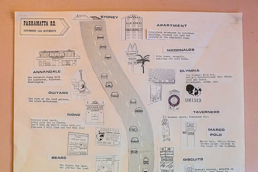 Colour photograph of artist and writer Vanessa Berry's illustrated map of landmarks on Parramatta Road.
