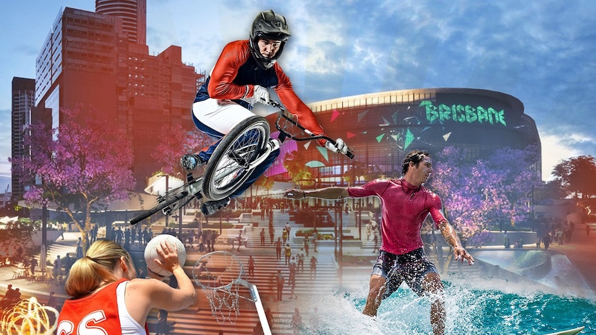 artist's impression of brisbane games venue with bmx rider, surfer and netball player deep etched in foreground