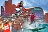 artist's impression of brisbane games venue with bmx rider, surfer and netball player deep etched in foreground
