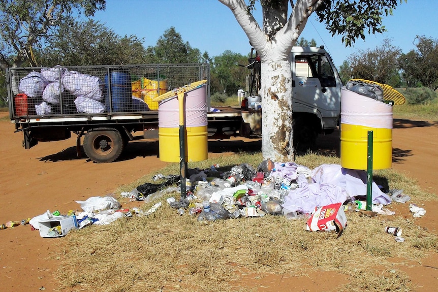 Rubbish scattered on the ground after the pig got into the bin bags