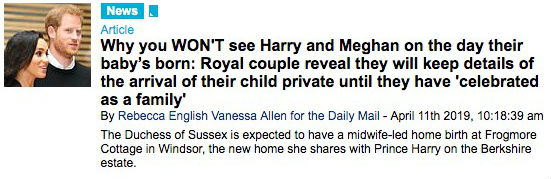 Headline about Meghan and Harry keeping the birth private
