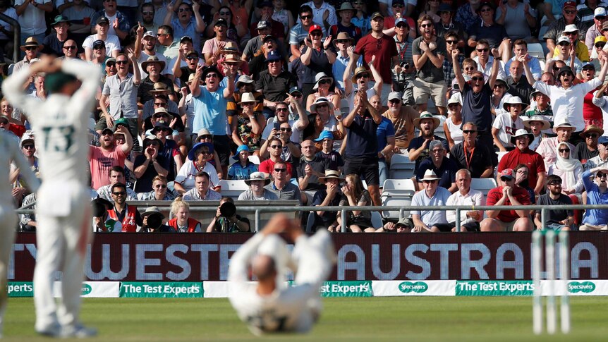 England fans shout and gesticulate in the direction of Nathan Lyon, in a heap on the ground, during an Ashes Test.