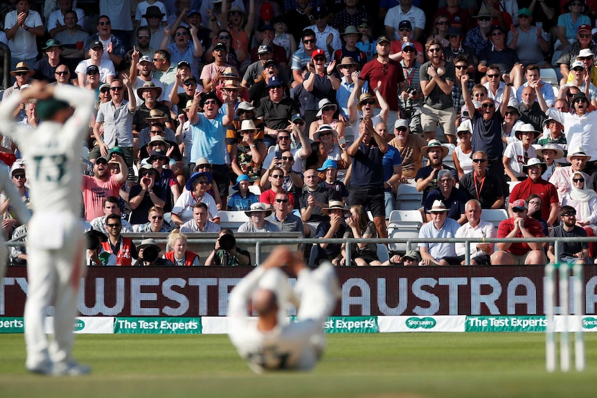 England fans shout and gesticulate in the direction of Nathan Lyon, in a heap on the ground, during an Ashes Test.