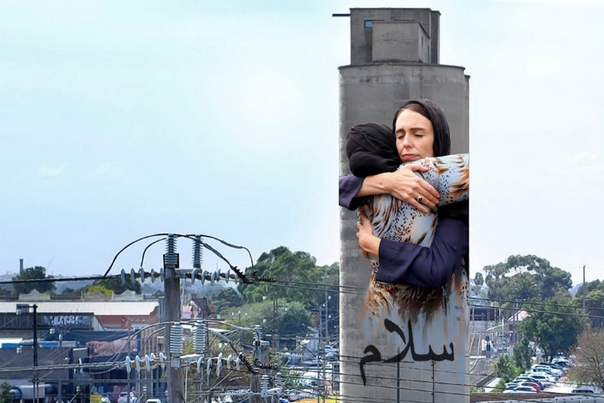 An artist's impression of a silo mural showing Jacinda Ardern hugging a Muslim woman after the Christchurch attacks.