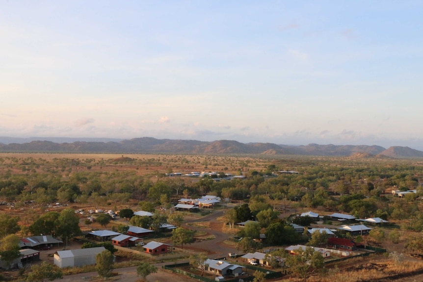 An aerial view of a small town in the outback