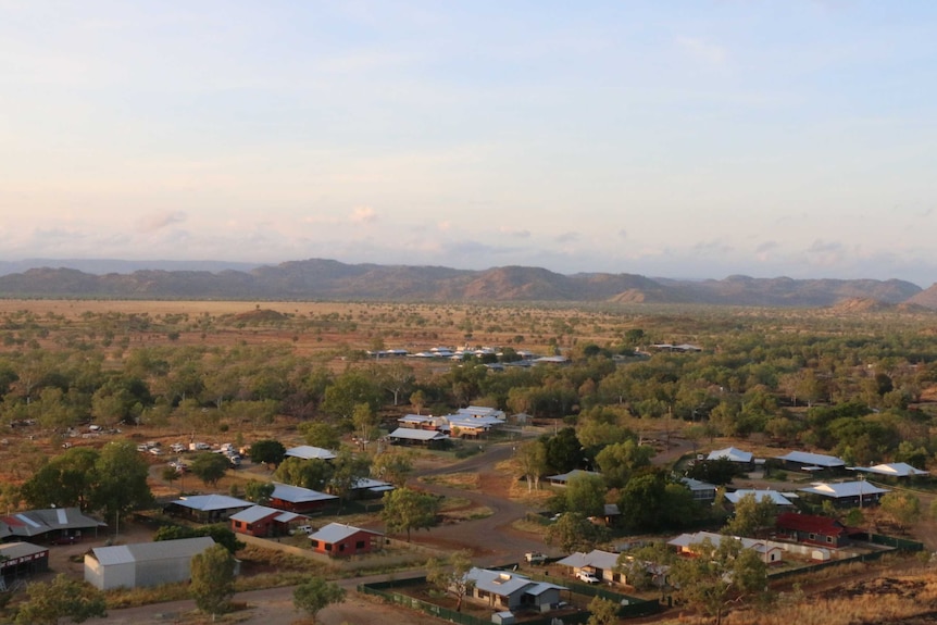 An aerial view of a small town in the outback