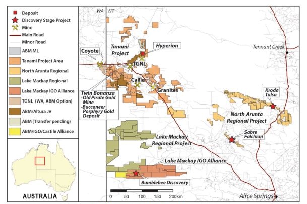 A map of ABM Resources' interests in Central Australia