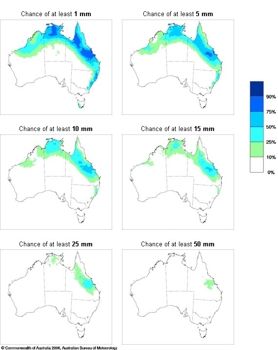 Maps of Australia showing the chance of at least 15mm is small for all but the tropics on Friday.