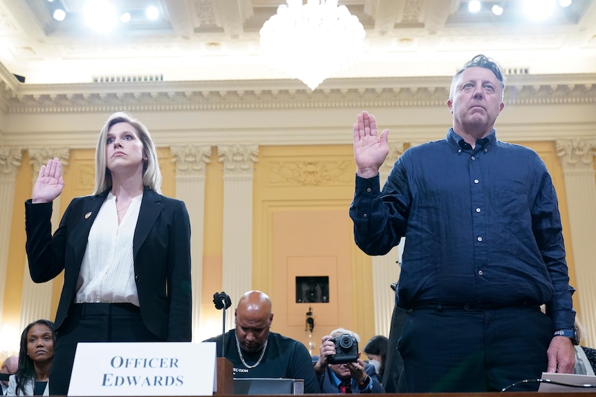 A man and a woman hold their hands up to take an oath in a congressional hall 