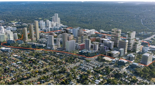 Aerial shot of the Macquarie Park rezoning proposal delineated in orange