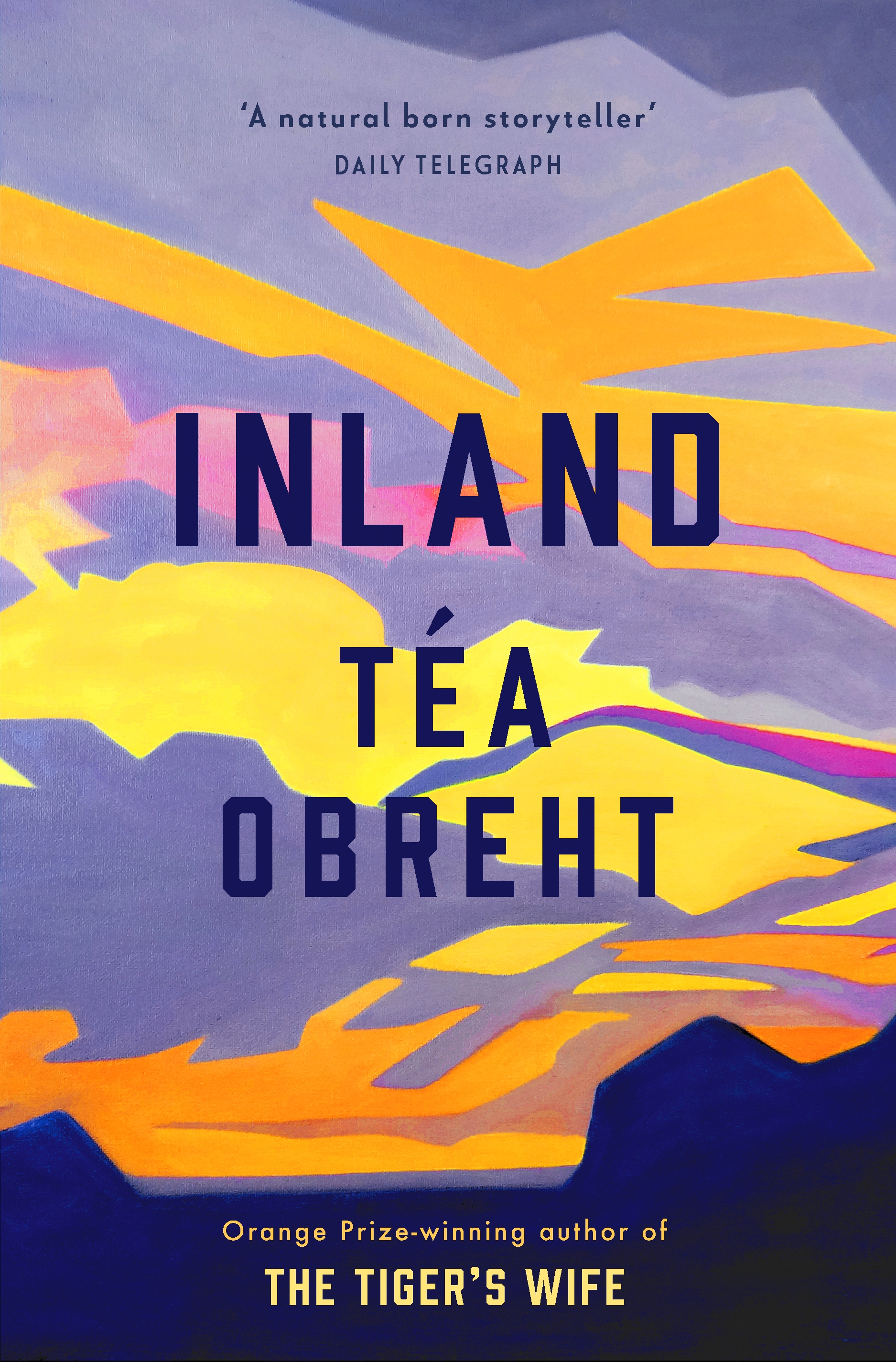 Inland by Tea Obreht book cover featuring the brightly coloured outline of a mountain range and cloudy sunset sky