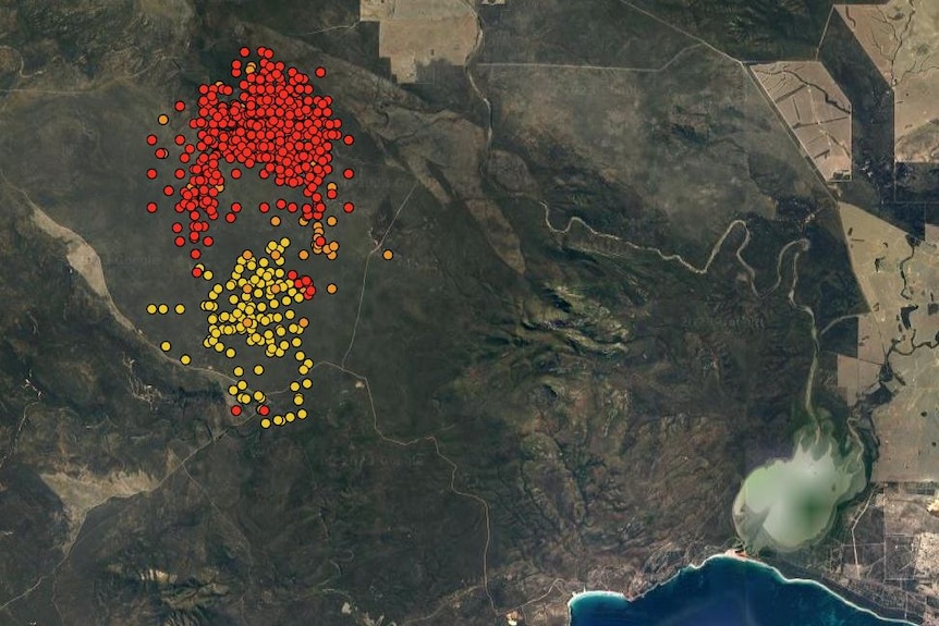 A satellite map showing the spread of a fire