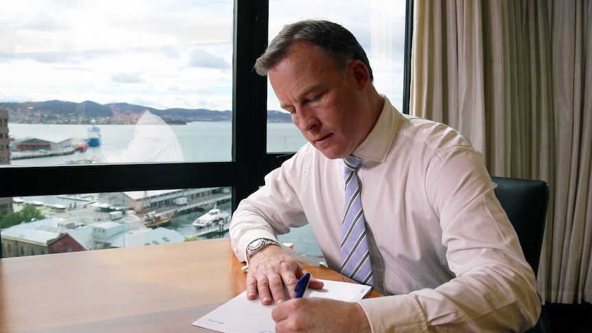 Tasmanian Premier Will Hodgman in his Hobart office.