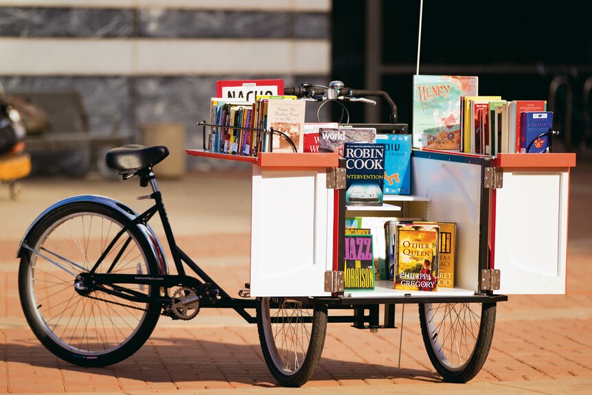 A library on a bike in Tucson, Arizona.
