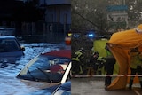 composite image of flooded cars and wind taking off a tarp.