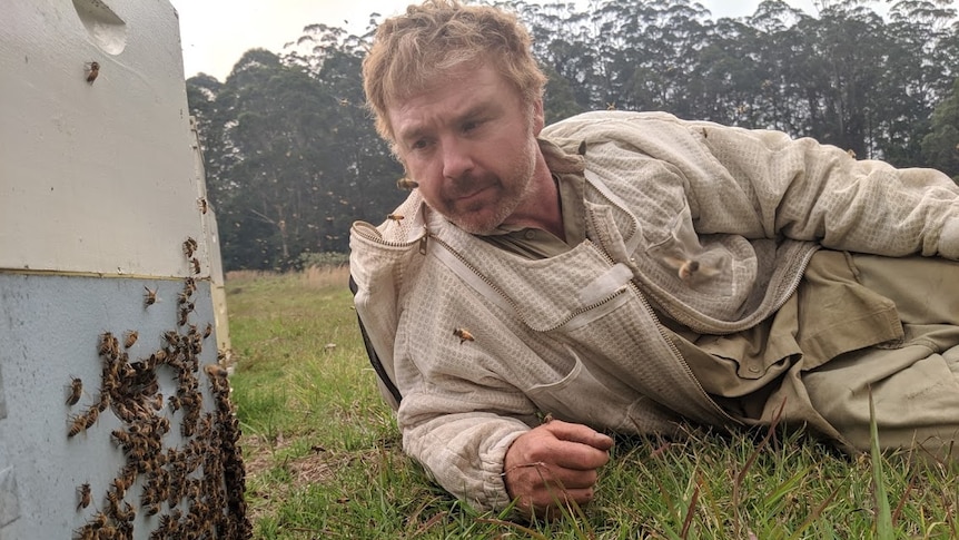 a man resting on his elbow next to a beehive