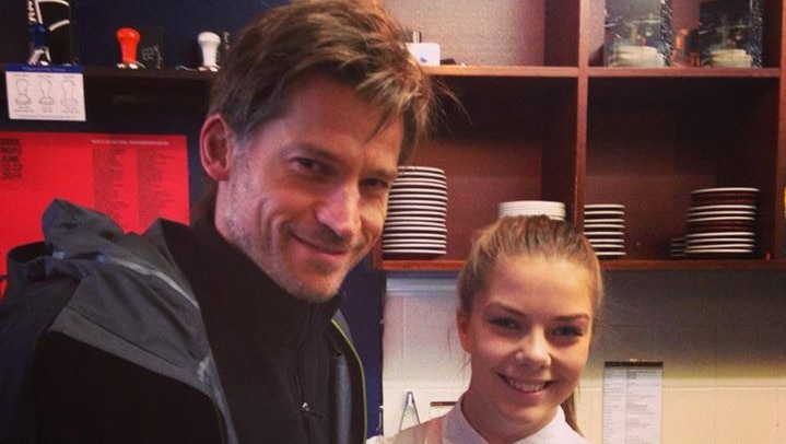 Actor Nikolaj Coster-Waldau, who plays Jamie Lannister on Game of Thrones, and Hobart barista Josie Sibly.