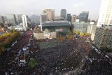 Aerial view shows thousands of people gathered at a rally in Seoul.