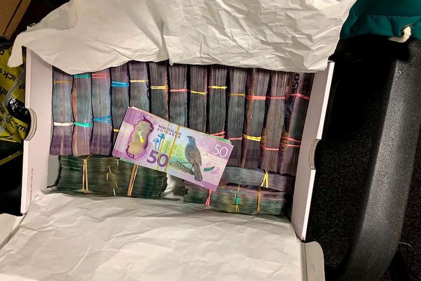 A box containing bundles of New Zealand currency.
