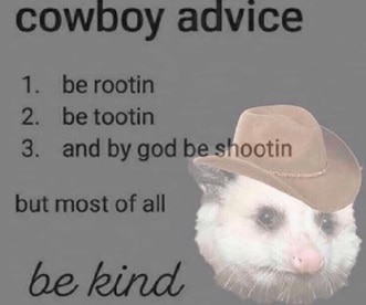 A ferret in a cowboy hat with words Cowboy advice, 1. be rootin, 2. Be tootin, 3. and by god be shootin but most of all be kind