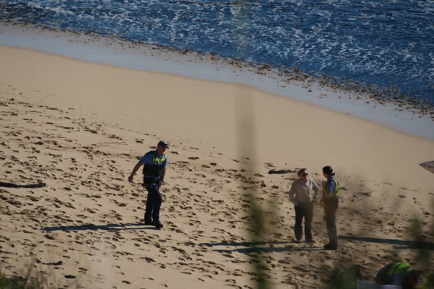 Police officers walking on a beach from a distance.