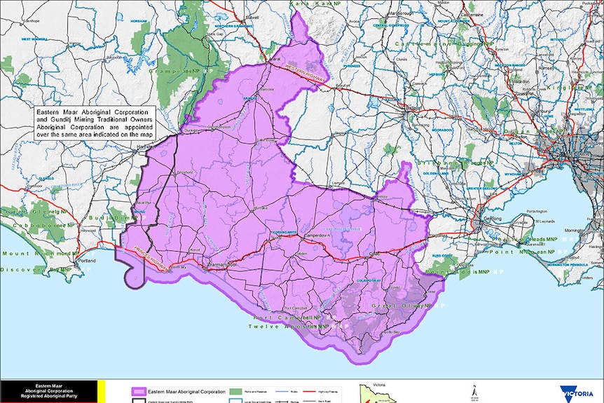 A map shows the area claimed by Eastern Maar Traditional Owners.