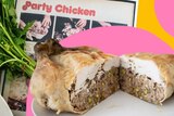 Australian Women's Weekly Party Chicken recipe from 1977 partly shown with a cooked chicken placed graphically on top of it.