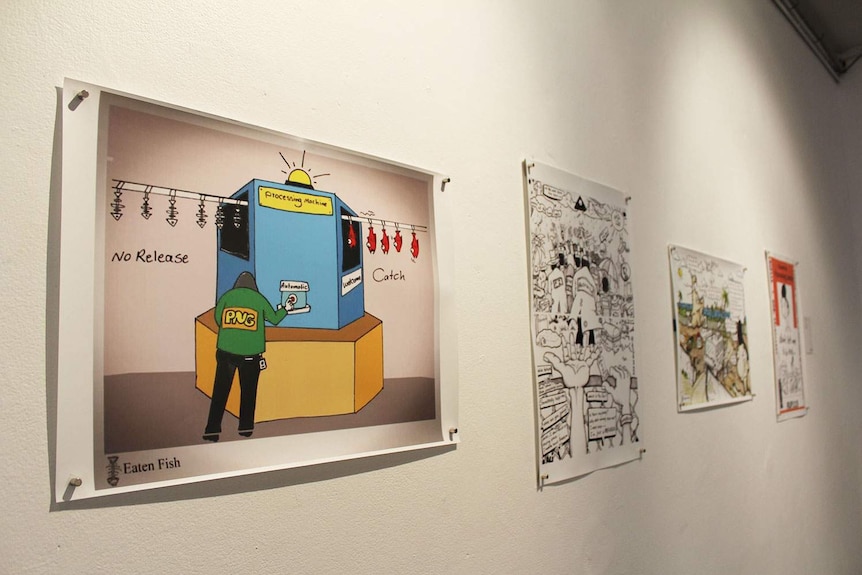 Prints of works by Iranian cartoonist Mr Eaten Fish