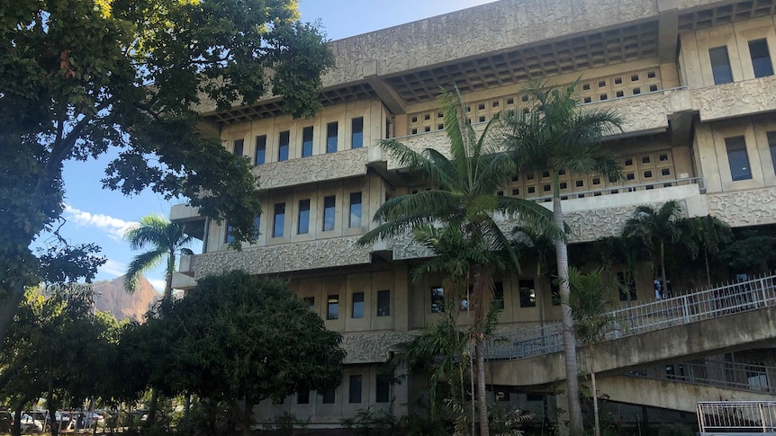 A four-storey cement building with lots of slender windows and palm trees out front.
