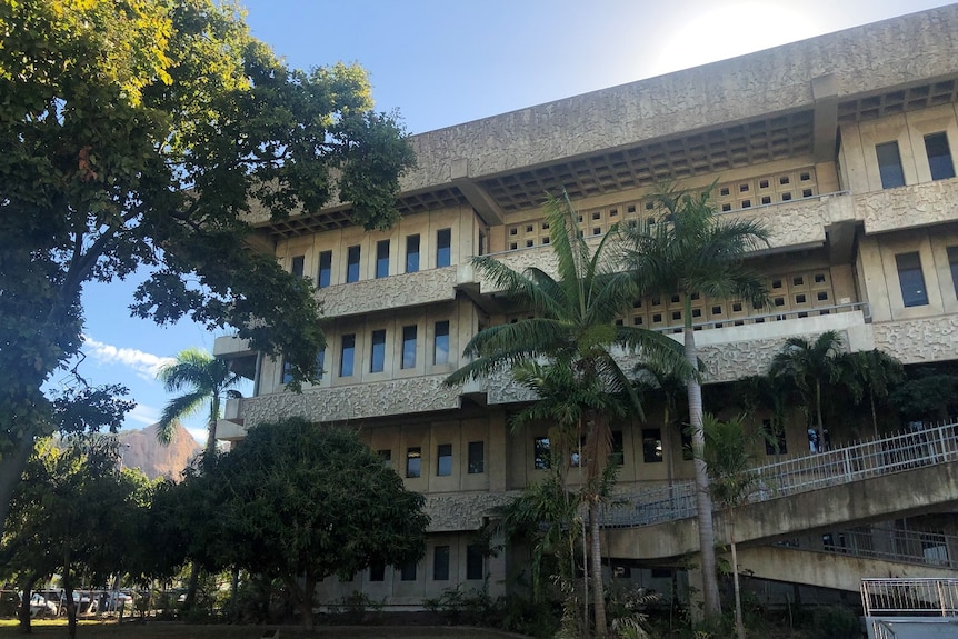 A four-storey cement building with lots of slender windows and palm trees out front.