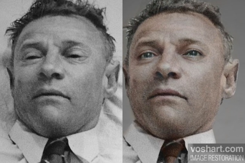 The Somerton Man's autopsy photo and a colourised, digital illustration of him
