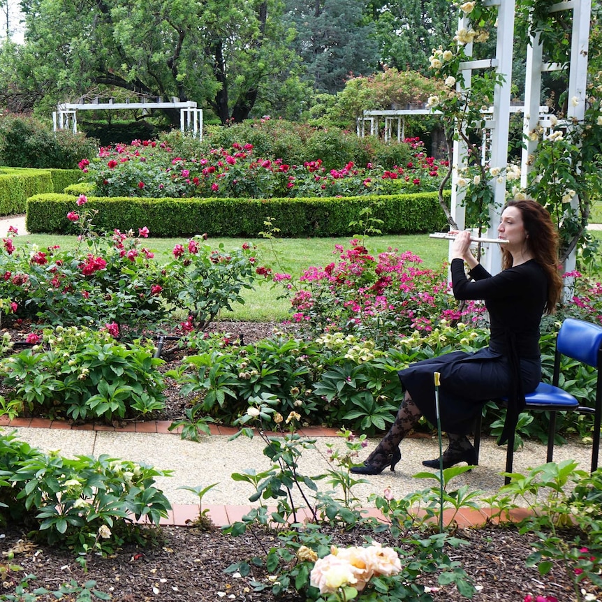 Two women sit on chairs about 3 metres apart in a rose garden. One of them is playing the flute, the other is listening.