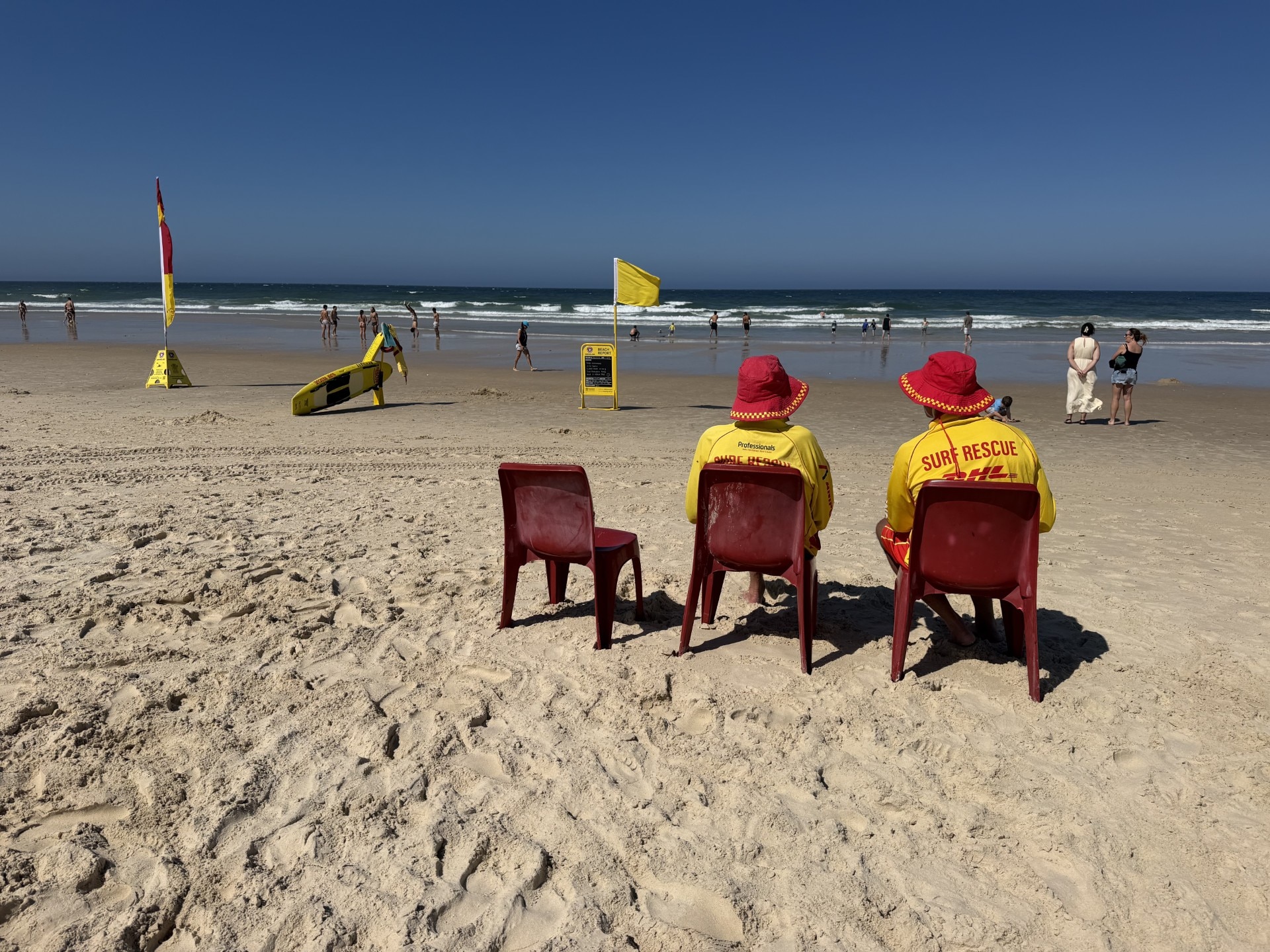 two lifesavers sitting on chair overlooking beach