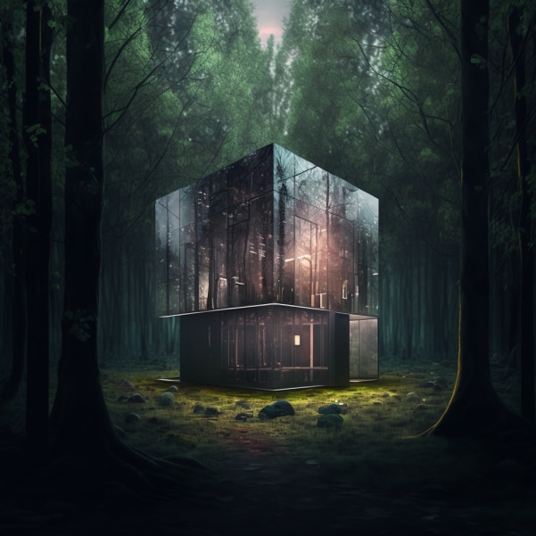 A secluded cube-shaped glass building in a forest