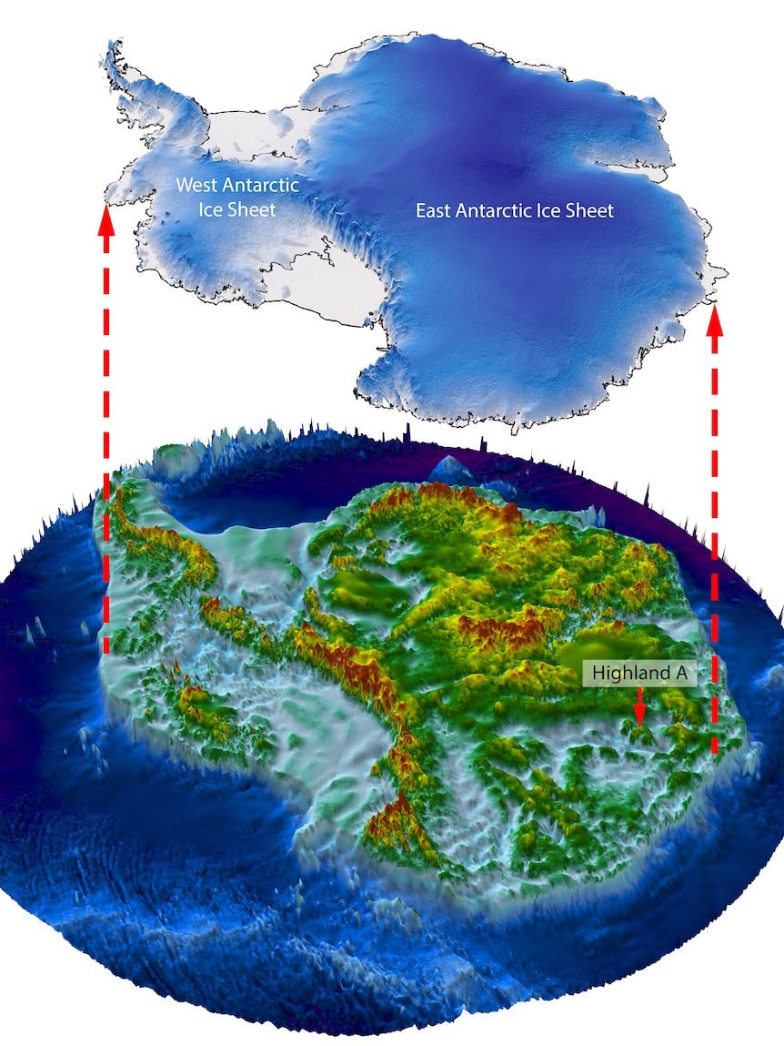 A graphic illustration of the continent of Antarctica with the ice sheet lifted off