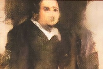 A blurry painting of a man, titled Portrait of Edmond de Belamy, which was generated by AI.