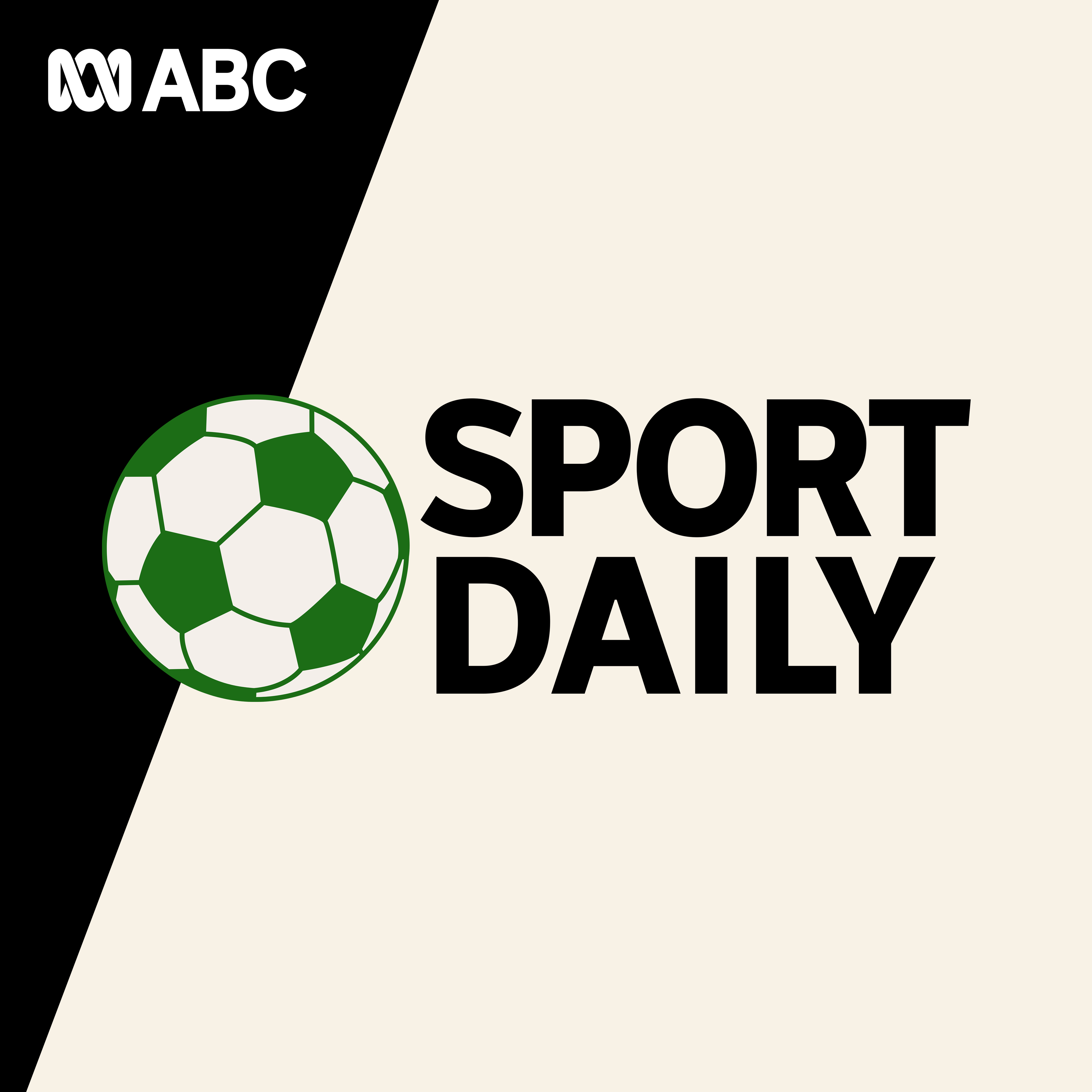 Text reading ABC Sport Daily next to a white and green soccer ball