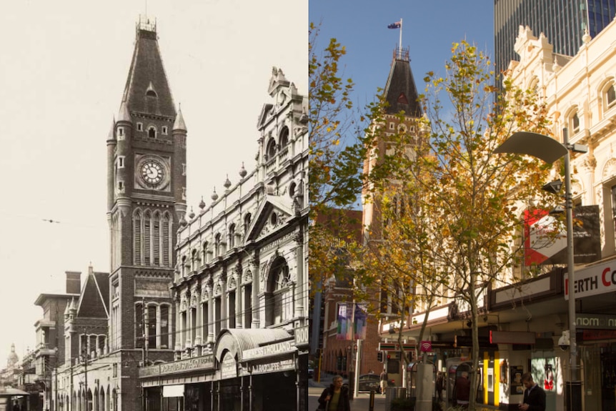 McNess Royal Arcade in 1912 and 2016, with the Perth Town Hall in the looming behind.