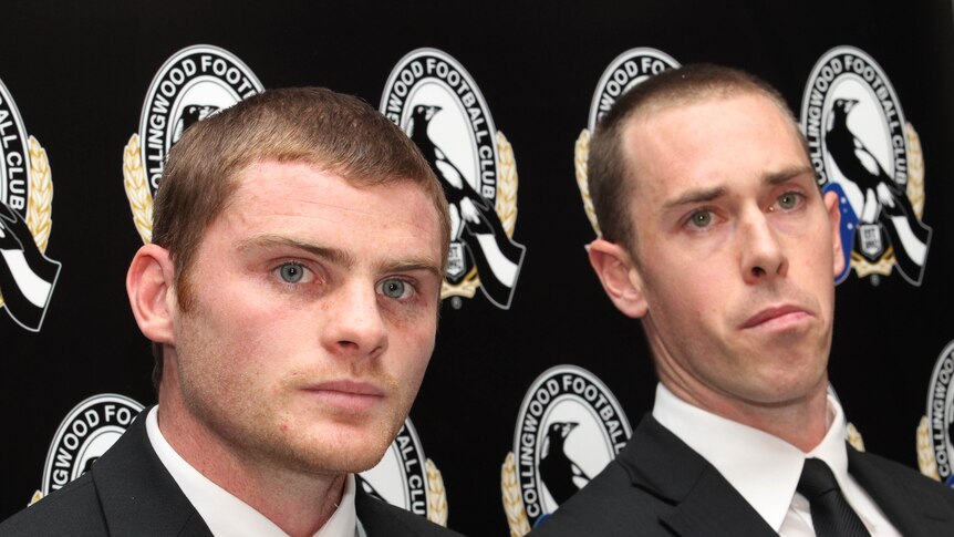 In hot water ... Collingwood defender Heath Shaw (left) and skipper Nick Maxwell face the media.