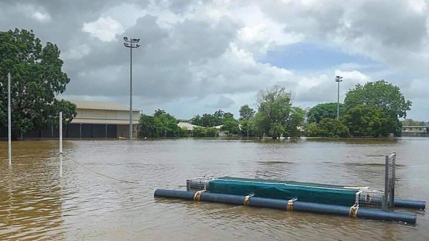 A crocodile trap tied to football goalposts in flooded Daly River.