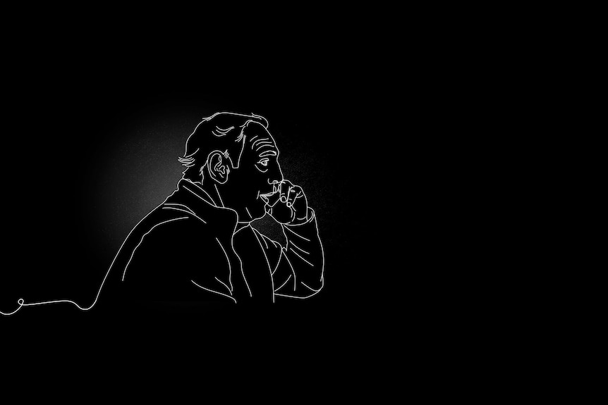 Black and white line drawing of man on phone showing side profile.