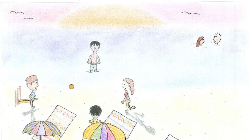 A drawing of children playing at the beach