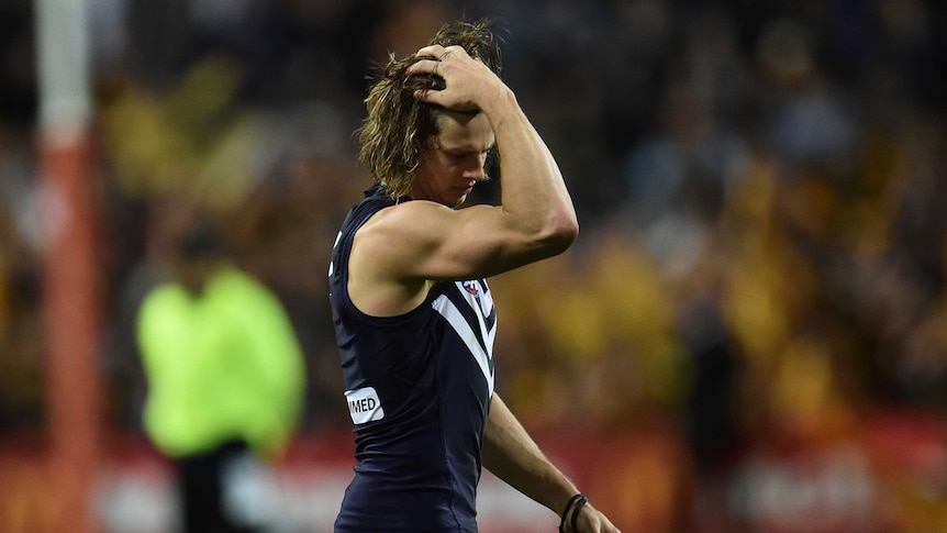 Nat Fyfe reacts after Fremantle was beaten by Hawthorn in preliminary final on September 25, 2015
