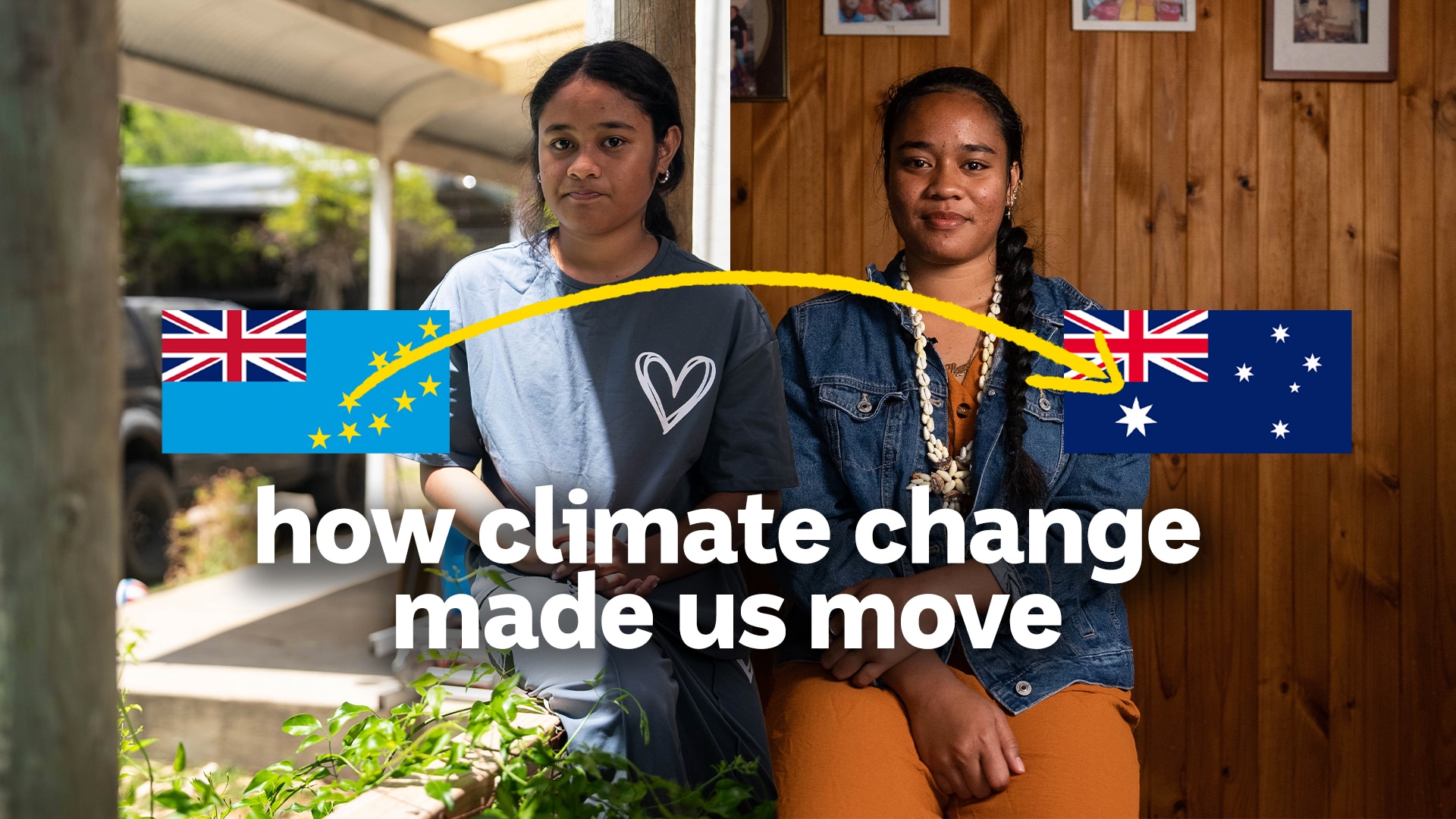 Poeva and Akesa sit in a room at their homes. An arrow going from a Tuvalu flag to an Australian one overlaid.