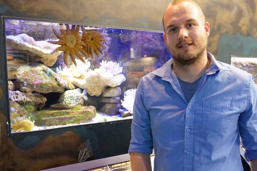 Dr Benjamin Mos from Southern Cross University's National Marine Science Centre standing in front of an aquarium.