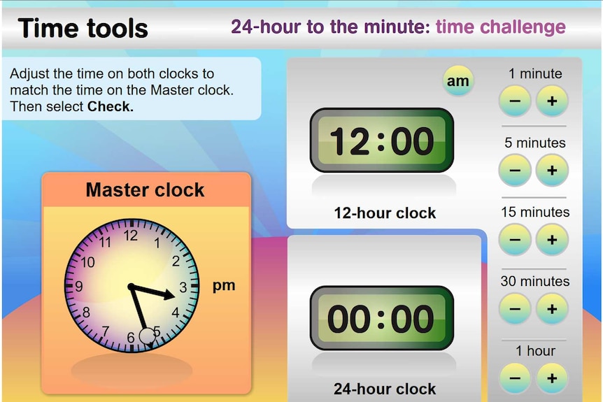 A digital illustration of an analog clock and two digital clocks, and buttons to allow a player to make all the times match up.